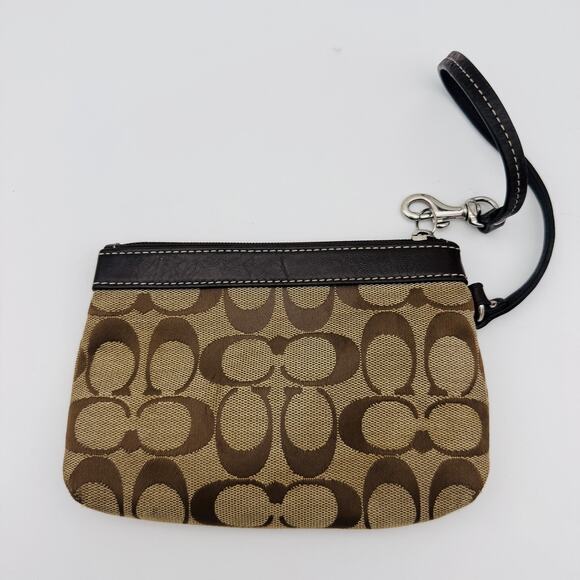Coach Wristlet Signature Logo Brown Monogram Canvas Leather Trim Small Purse - Picture 2 of 14